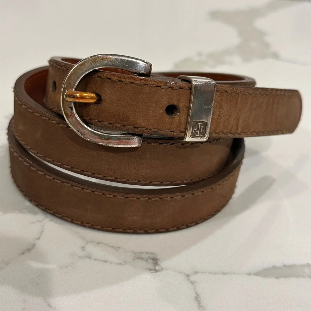 Vintage Lauren Ralph Lauren Brown Leather Belt Womens L Silver Buckle Logo